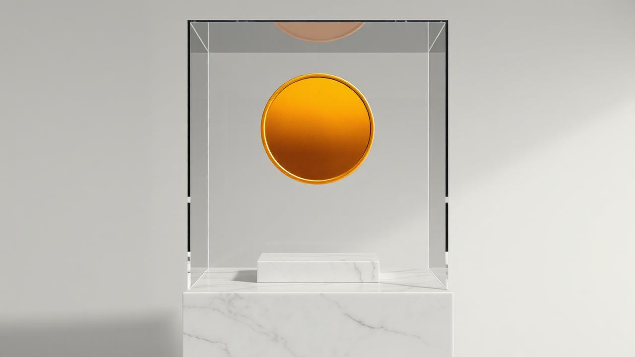 Hardware crypto wallet next to a gold bitcoin coin on white stone