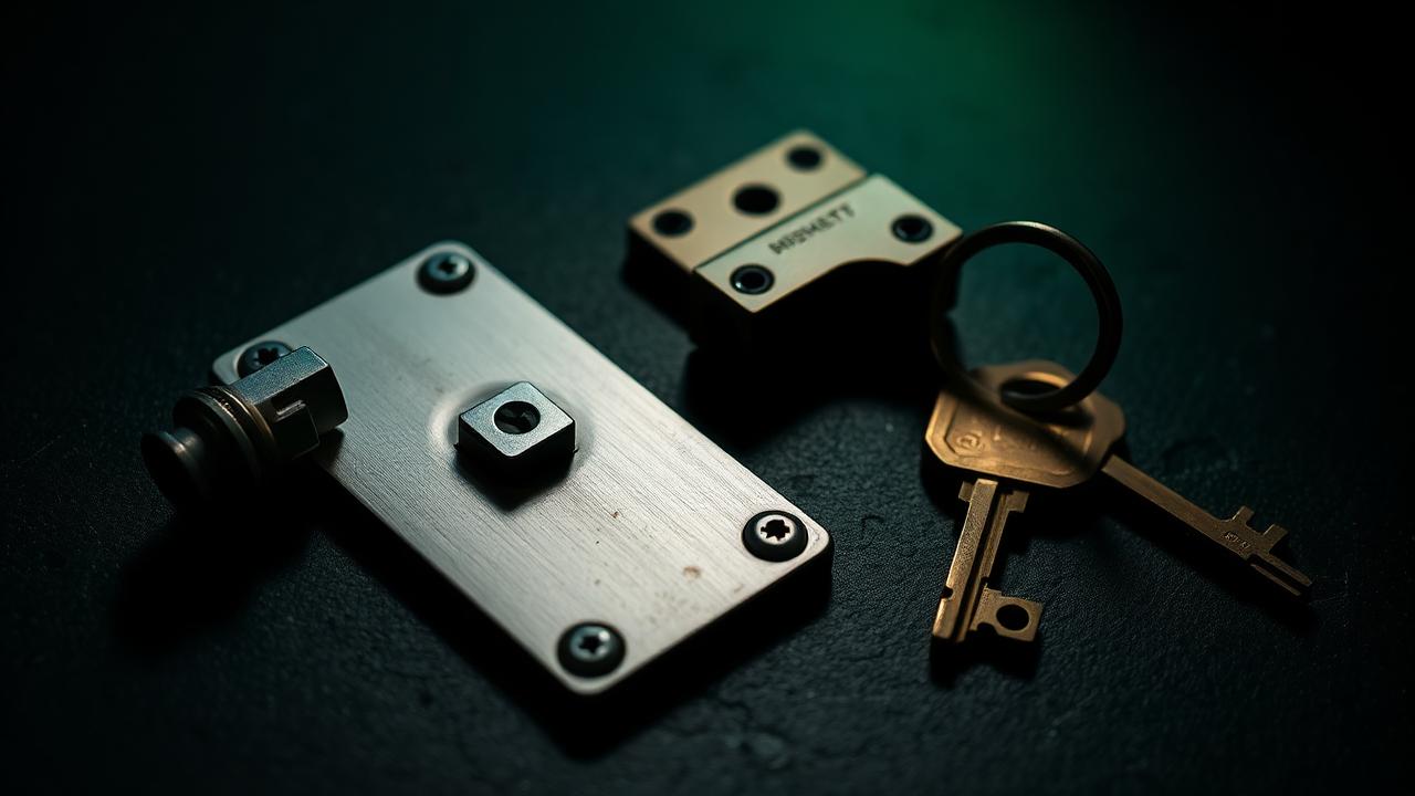 Hardware crypto wallet next to a gold bitcoin coin on white stone